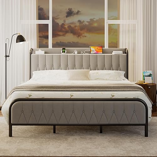 Miniatura 8 de iPormis Base de cama de metal tamaño King con estación de carga, cabecera y estribo de terciopelo, soporte de acero resistente, almacenamiento