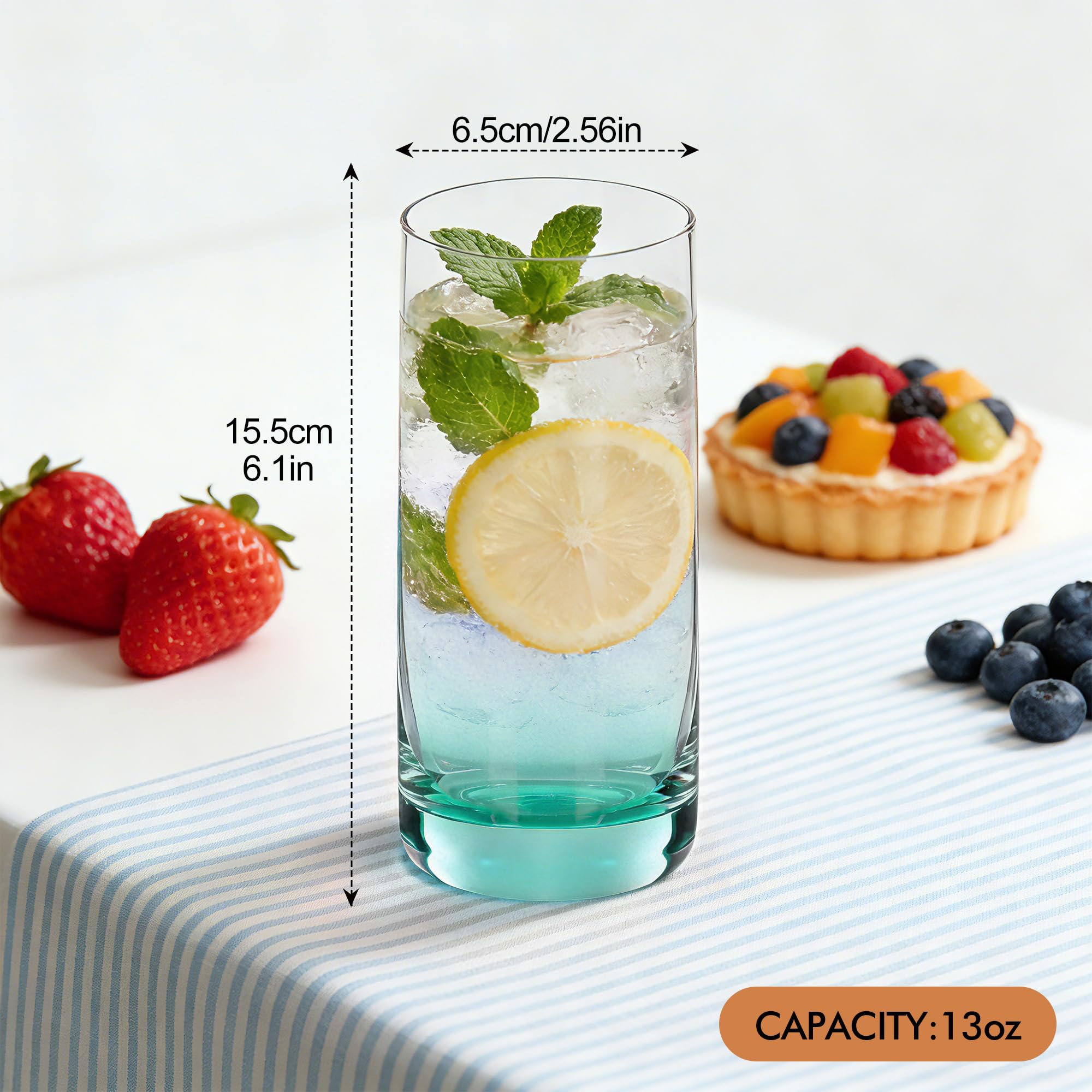 Verres Long Drink Set de 6, 385 ml Verres à Cocktail Verts | Verres pour Mojito, Gin Tonic, Soda, Bière et Eau, Verres Hauts Épais & Stables pour Cuisine, Bar et Fêtes