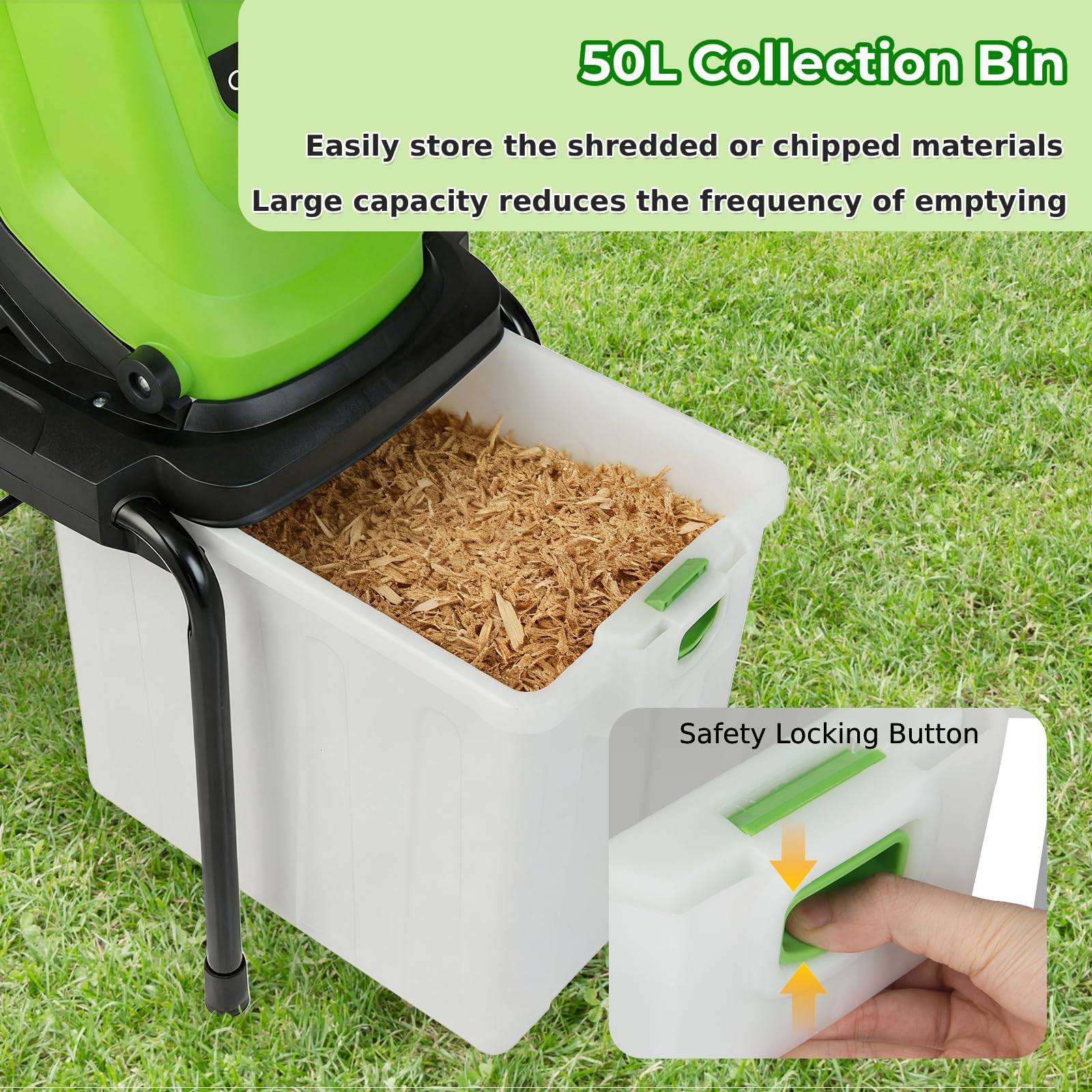 Trituradora eléctrica de jardín de 2800 W con ruedas, caja de colección de 50 L, ancho de astillado de 45 mm y velocidad de 4500 RPM para residuos de patio y limpieza de hojas