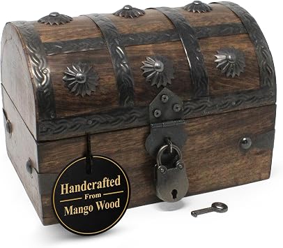 Nautical Cove Handmade Pirate Treasure Chest for Kids Prizes & Classroom with Lock and Skeleton Keys   Lockable Wooden Storage Chest Box, Pirate Decor, Decorative Wooden Box - X-Small 6.5x4.5x4.5