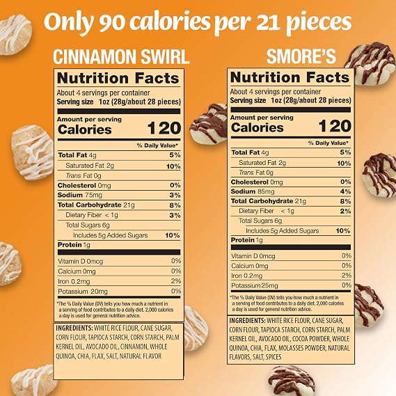 Drizzilicious Mini Flavored Rice Cakes - Rice Crisps, Healthy Snack for Adults and Kids, Vegan, Gluten Free Snack, 90 Calories Per 21 Pieces, S'mores & Cinnamon Swirl - 4 oz (Pack of 6)