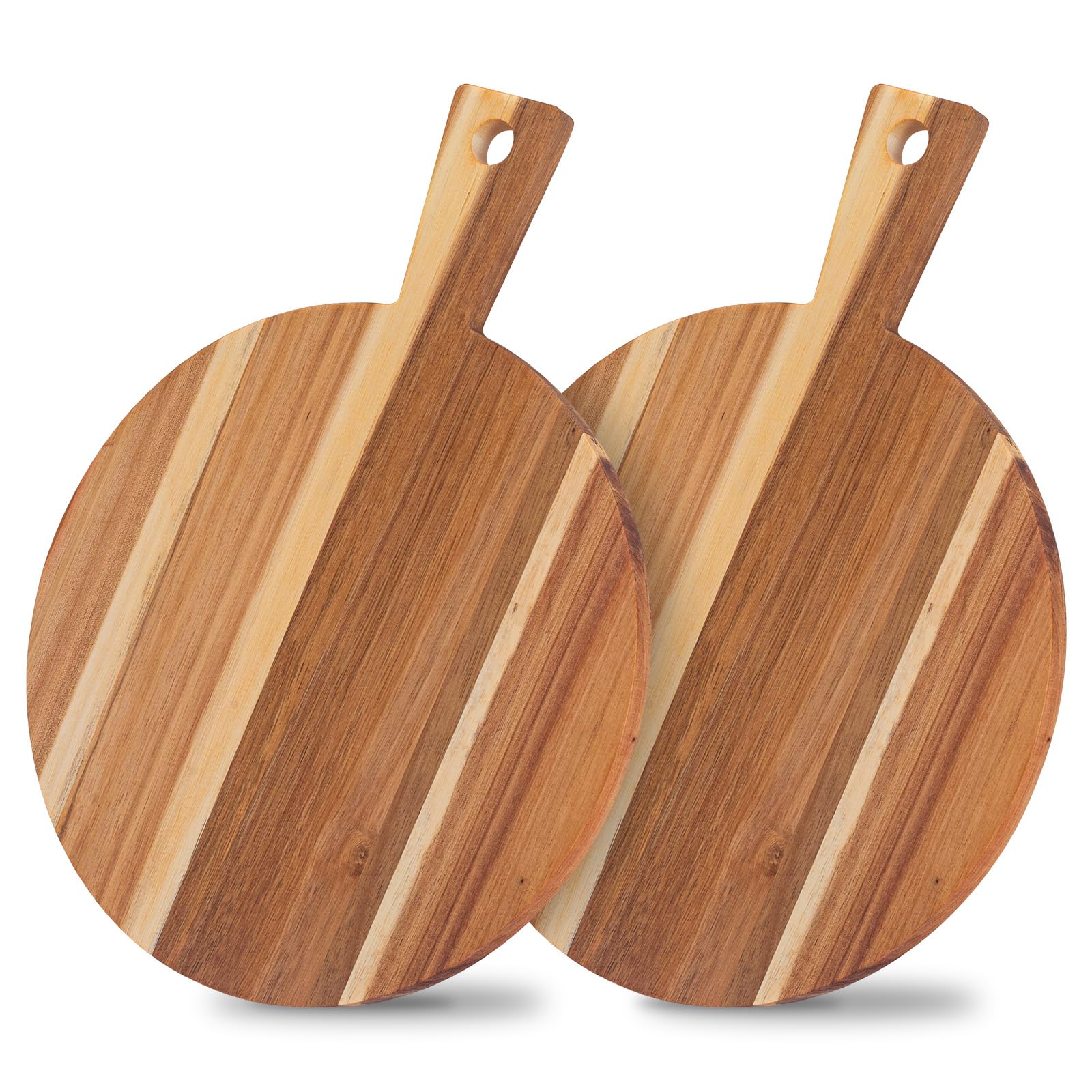 2 Pack Pizza Board, 30 cm /12 Inch Round Wooden Chopping Boards with Handle, Acacia Wood Cutting Board for Kitchen, Food Serving Platter Board for Pizza, Cheese, Fruits, Vegetables, Bread