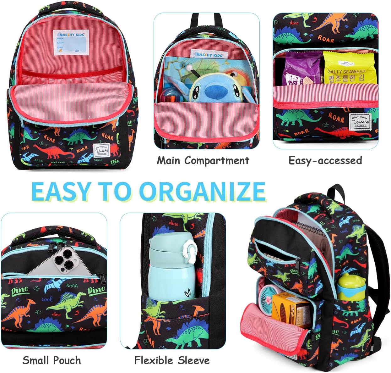 VASCHY Backpack for Boys, Kids Cute Kindergarten Preschool Children 12L Small Backpack Bookbag for School Travel Dinosaur Black - Image 4