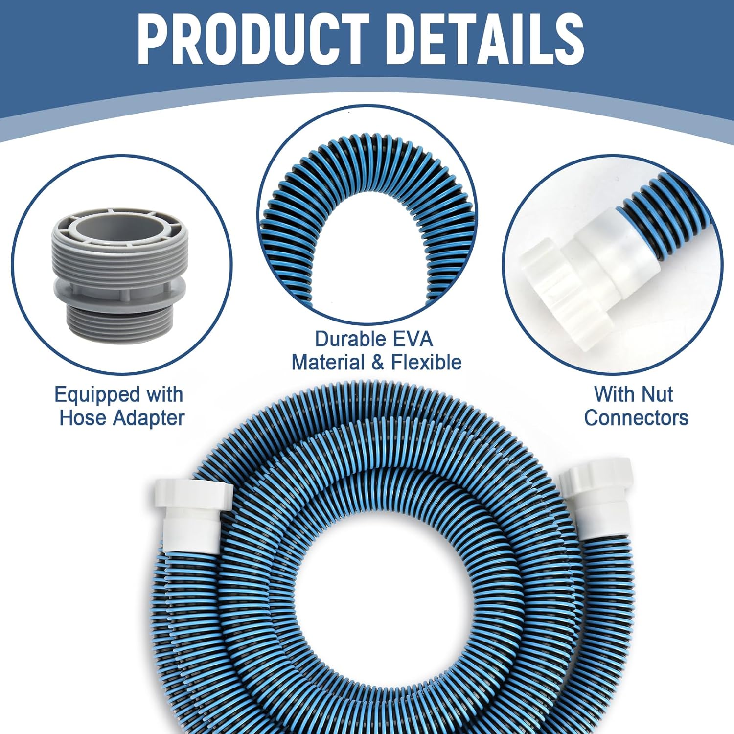 1.5" 15 Ft EVA Pool Professional Hoses with Conversion Adapter for Above Ground Swimming Pools Pump Replacement Hoses Heavy Duty Filter Connection Hose for Pool Accessories(Blue)