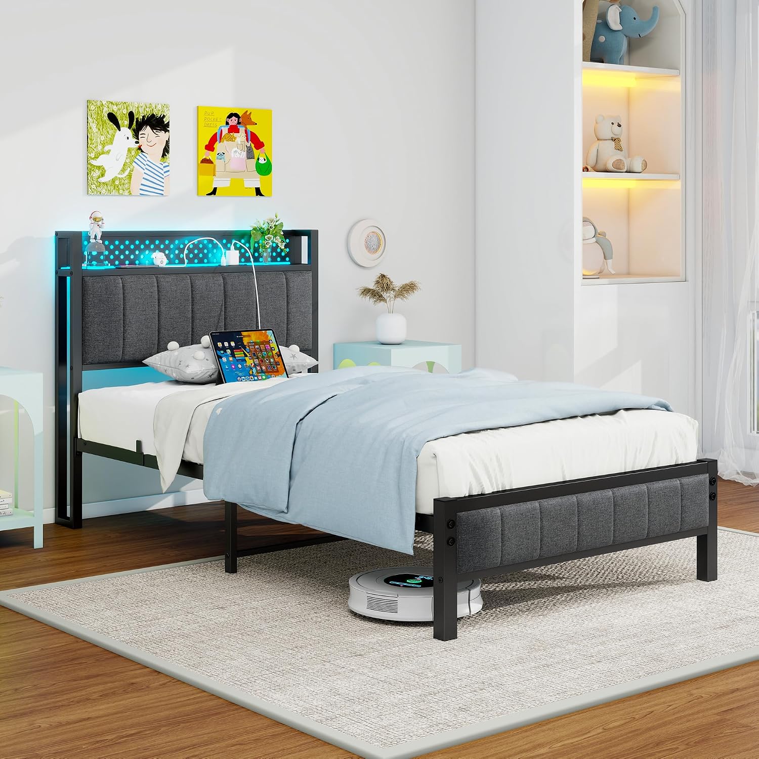 DUMEE Twin Bed Frames with Charging Station and LED Lights, Platform Bed with Metal Slats, Grey Upholstered Headboard with Storage Shelves,No Box Spring Needed,Easy to Assemble