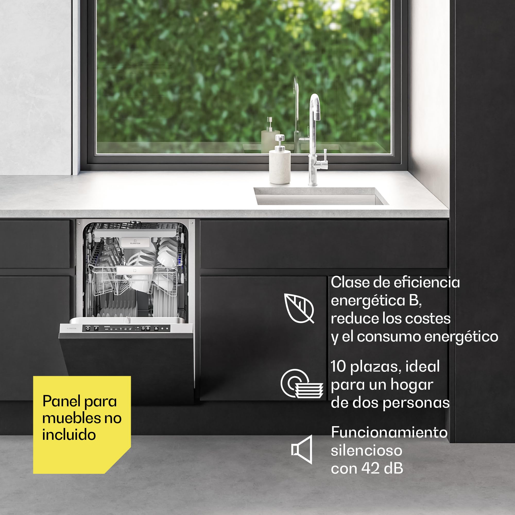Klarstein Velaire Lavavajillas Integrable 45cm - 10 Cubiertos, 6 Programas, 42 dB, Clase B, AquaStop, Panelable, Totalmente Integrado, Acero Inoxidable
