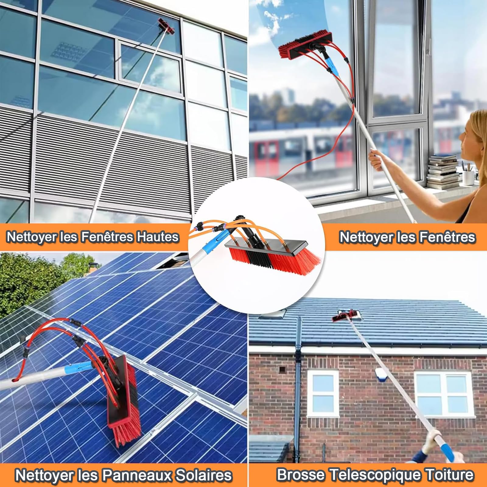 Perche Telescopique Nettoyage, Koubhyj Brosse Telescopique Toiture, Perche Telescopique Nettoyage Panneaux Solaires, Nettoyeur de vitres et Panneaux solaires réglable en Hauteur - Jusqu'à 13 m