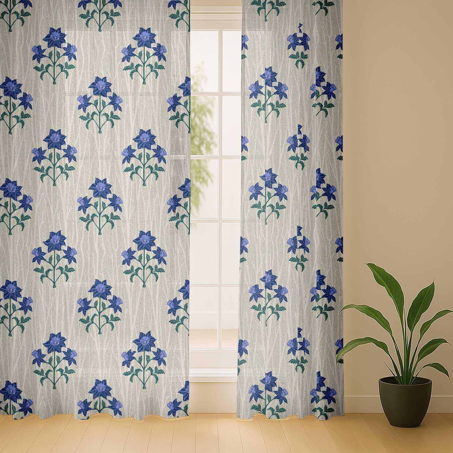 Floral Block Print Sheer Curtains for Short Windows - Set of 2 Panels, 63", Grommet Top, Printed Georgette, Light Filtering Drapes for Kitchen or Bedroom