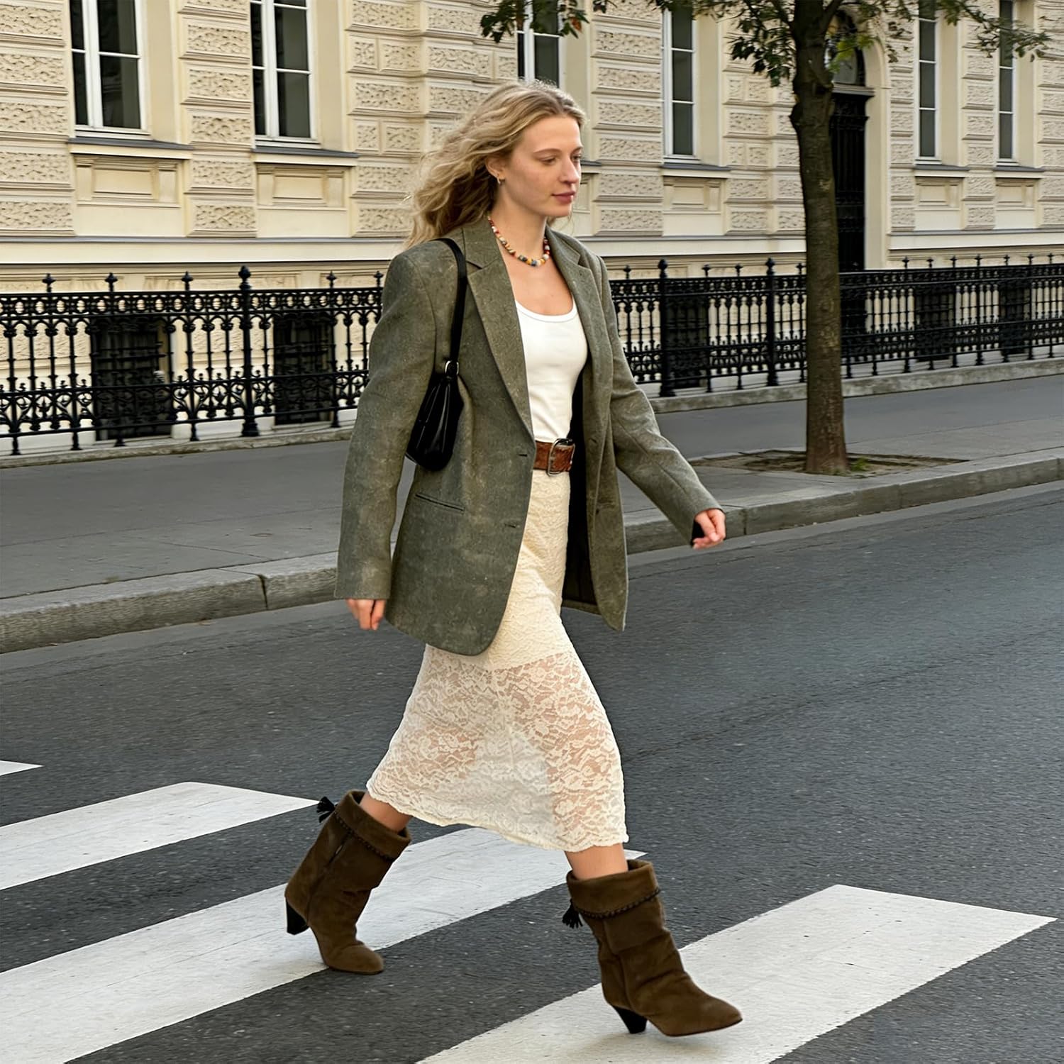 Suede Ankle Boots for Women Slouchy Fold Over Cowboy Boots Pointed Toe Low Heel Western Booties Fashion Dressy Pull on Wide Calf - Image 3