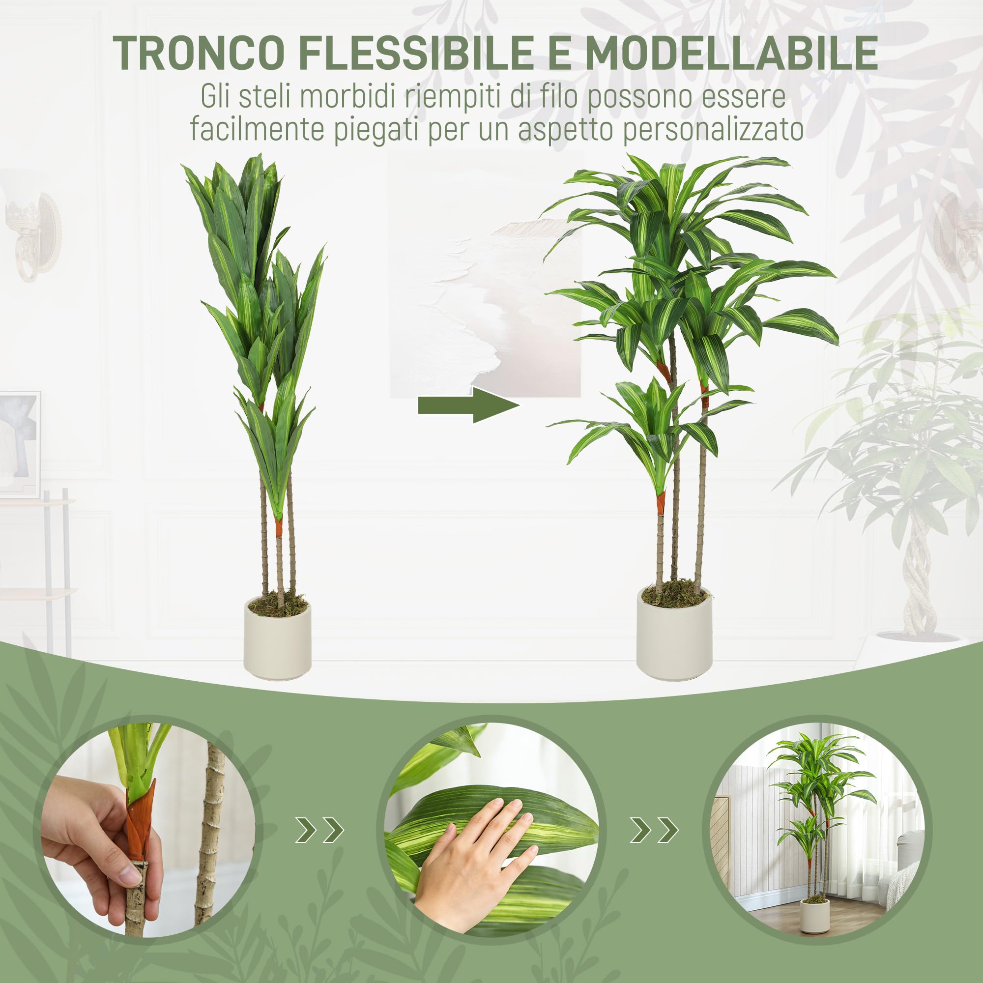 HOMCOM Pianta Artificiale di Dracena Rami Orientabili 60x40x120 cm | Vaso Contenitore Bianco in PP e Cemento, Pianta Verde PEVA e Legno, per Interno, Esterno, Ufficio