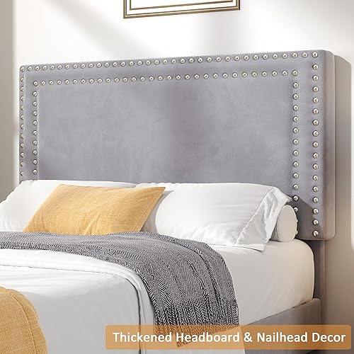 Miniatura 175 de VECELO Base de cama de tamaño matrimonial con cabecera tapizada ajustable, plataforma de listones de madera, diseño sin ruido, fácil montaje Negro