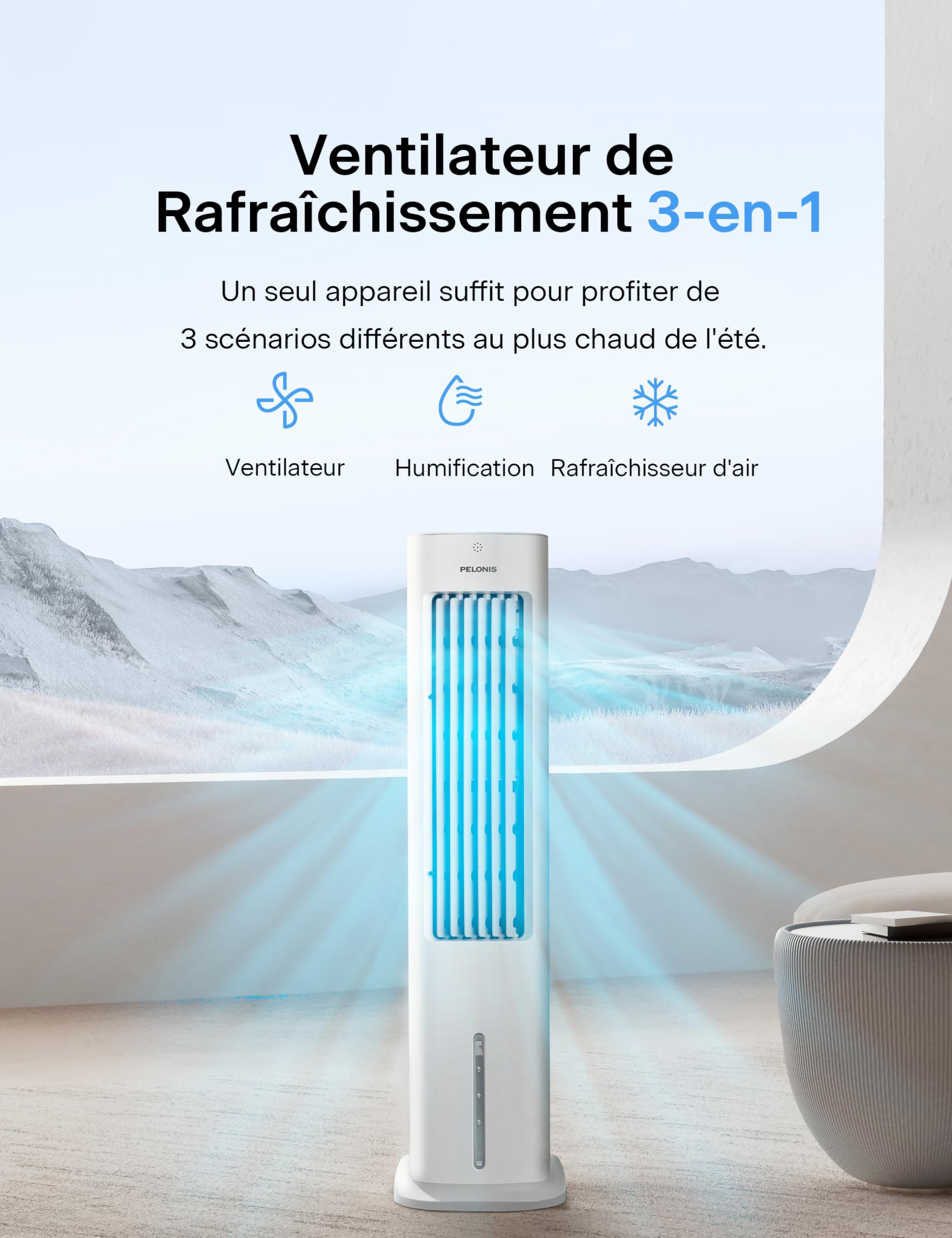PELONIS Refroidisseur d'Air par Évaporation, Climatiseur Mobile, 5L avec Télécommande, 355m³/h, Sans Tuyau d'Évacuation