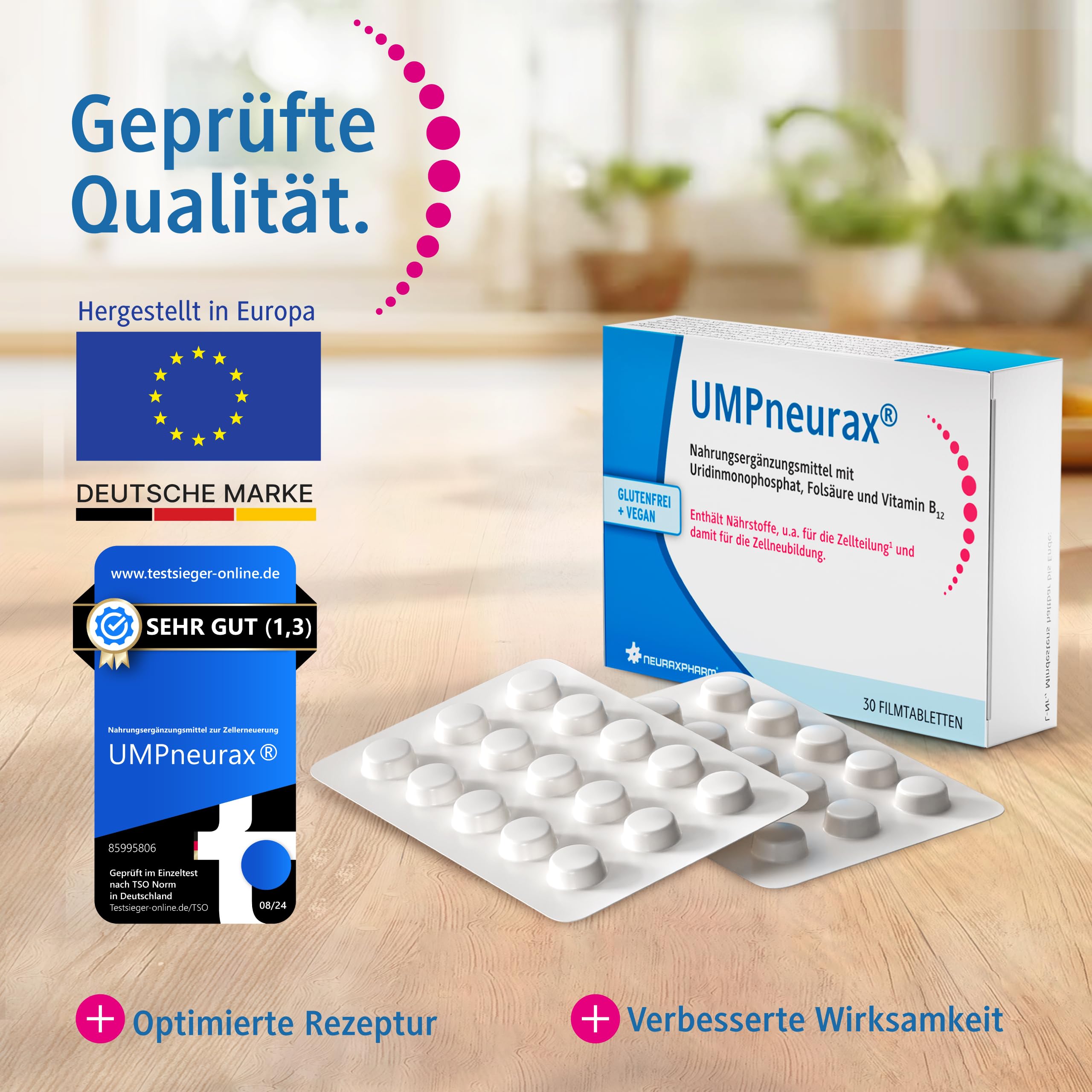 Nahrungsergänzungsmittel mit Uridinmonophosphat, Folsäure und Vitamin B12 | wertvolle Vitamine für Zellteilung & Zellneubildung | vegan & glutenfrei | 180 Filmtabletten