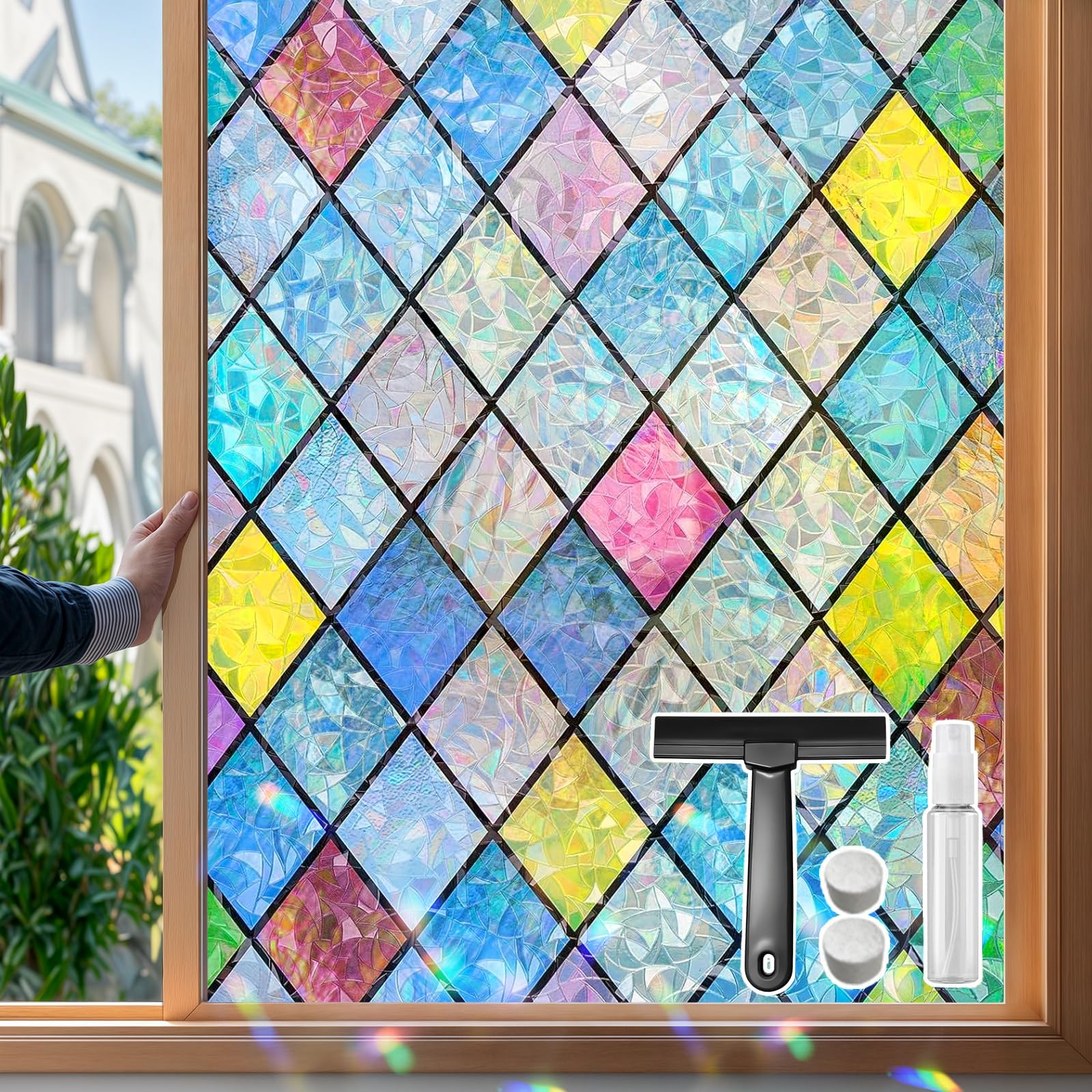 Mgood Privacy Window Vinyl 60 x 200 cm | Multi-Coloured Rhombus Decorative Electrostatic UV Protection Reusable Rainbow Effect for Bedroom, Home, Doors