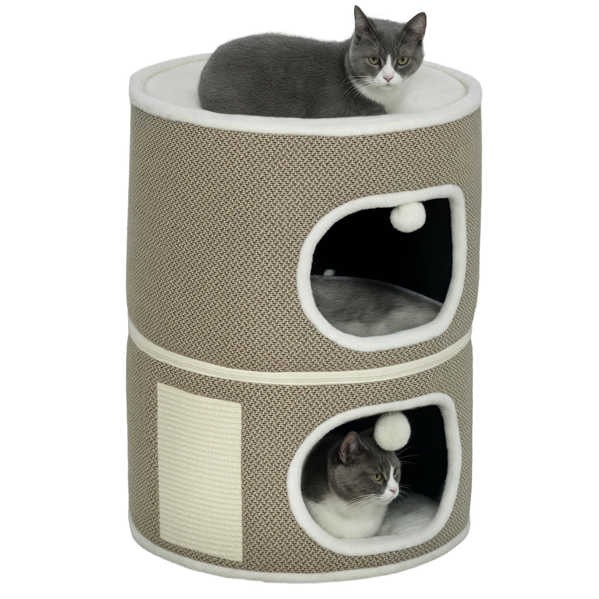 PawHut Kratztonne, Kratzbaum mit Spielbällen, 69 cm hoch Katzenturm mit 2 Höhle, Katzentonne aus Sisal, für Katze bis 6 kg, Kaffeebraun+Cremeweiß
