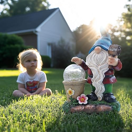 Miniatura 3 de DiliComing Estatuas solares de gnomos de jardín para exteriores, bonita estatua de gnomo con bienvenida para patio, porche, césped, figura de gnomo