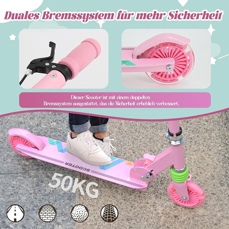 TENBOOM összecsukható gyermek roller 3 éves kortól, LED kerekek, magasságállítható - Pink (pink-1)