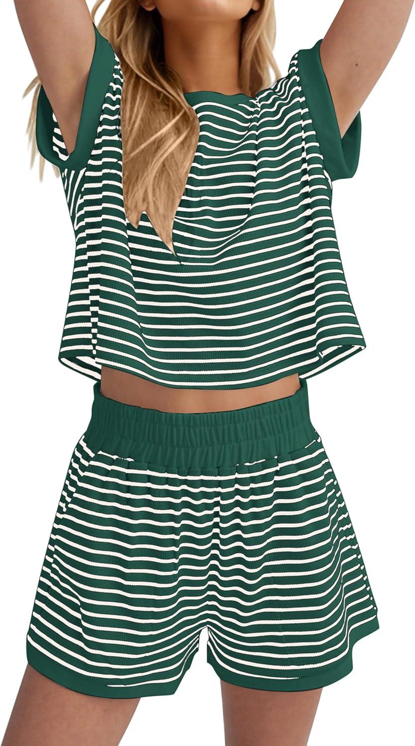 MISSACTIVER 2 Piece Lounge Set Women Stripe Knit Short Sleeve Tee Shirts Shorts Casual Summer Loungewear Shorts Sets