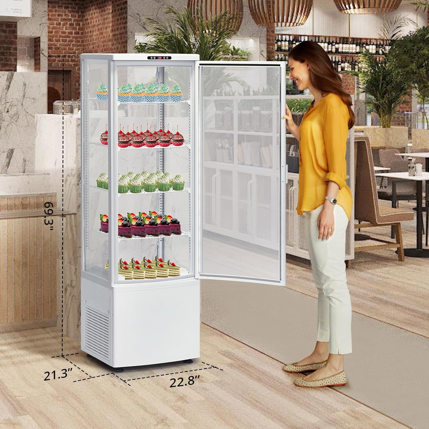 8.4 Cu.Ft Refrigerated Display Case, Commercial Floor-Standing Display Refrigerator with LED Lighting, Adjustable Shelves, Casters, for Cakes, Bakery, Coffee Shop, Supermarket, Store