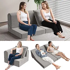 COMAX Folding Sofa Bed, 8-in-1 Foldable Floor Couch Corduroy Convertible Futon Sofa, Fold Out Chair Bed Sleeper Mattress Comfy Portable Lounge Loveseat Guest for Living Room Bedroom, Light Grey
