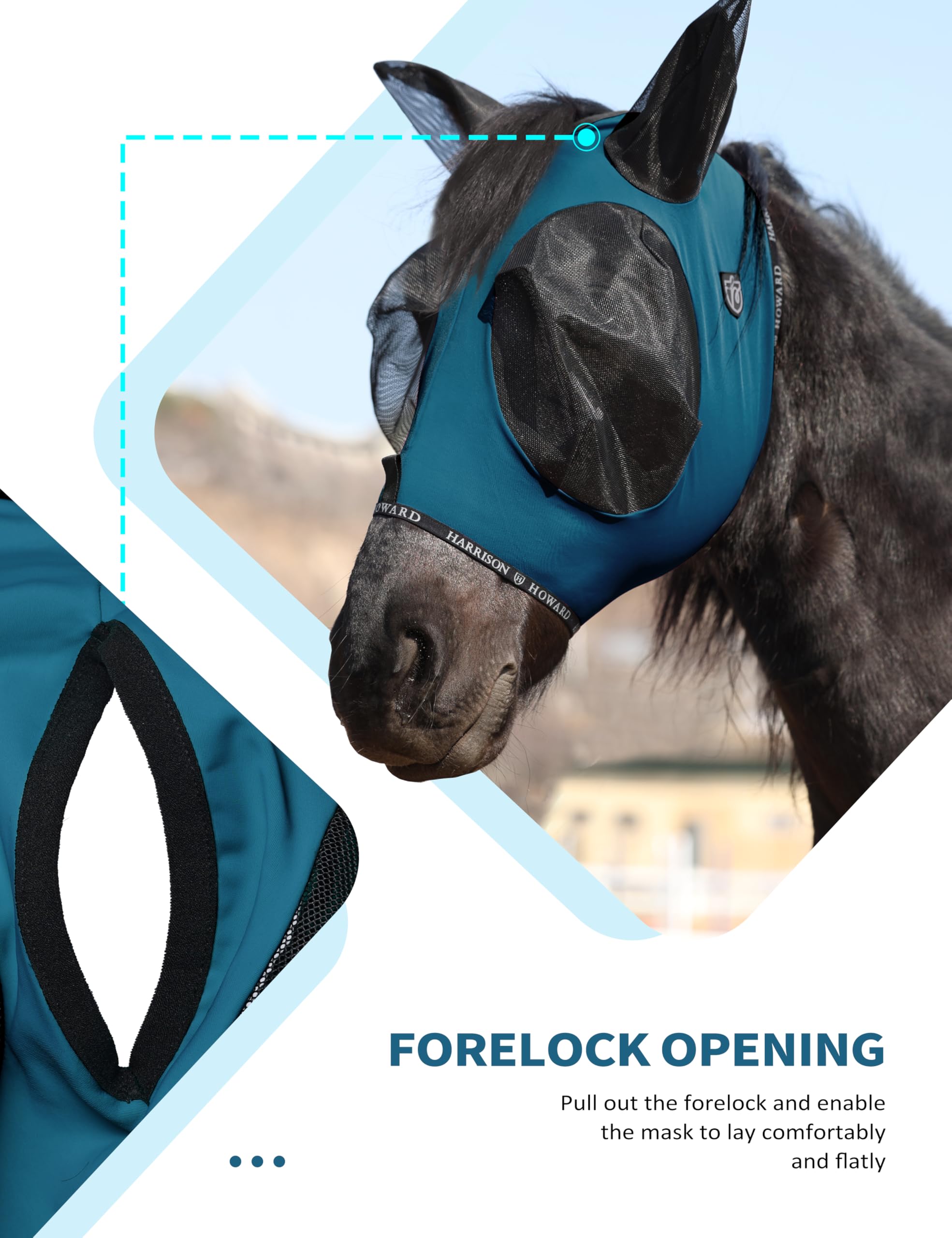 Harrison Howard Maschera antimosche per cavalli con apertura Forelock, traspirante, protezione UV, blu pavone, M