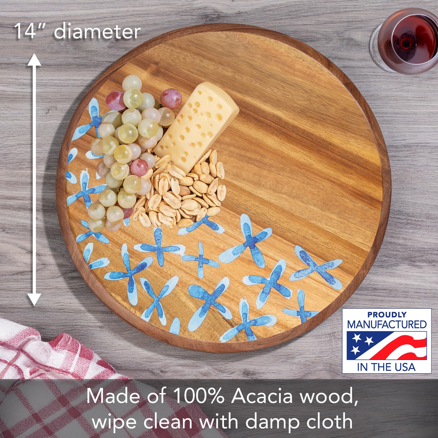 Thirstystone Acacia Wood Lazy Susan Turntable with Decorative Blue Floral Design 14