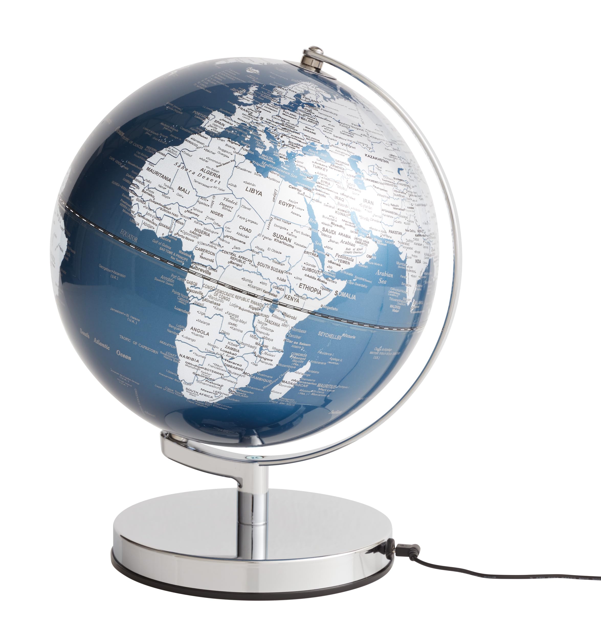 TROIKA Globus beleuchtet Ø 25 cm TERRA LIGHT Licht LED Globus metallic blaue Meere & silberne Landflächen, verchromter Metallfuß, weicher Filzboden bewegliche Achse - ideal zum Verschenken