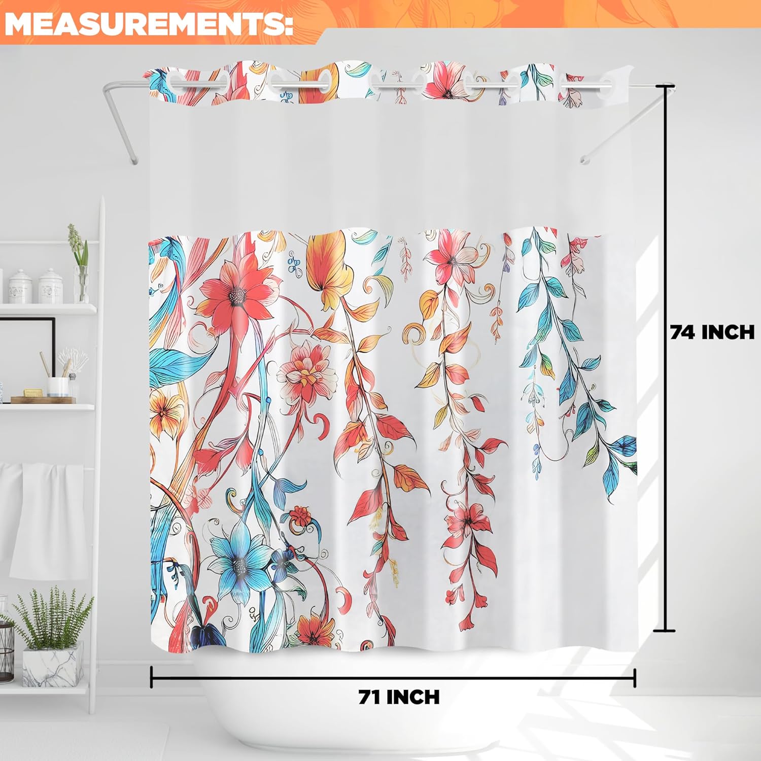 Hookless Shower Curtain with Snap-in Liner Set, Floral, Vibrant Watercolor Fabric, See Through Sheer Window, Washable, 3 Magnet Weights, No Hook, Waterproof, Boho Farmhouse, Standard Size