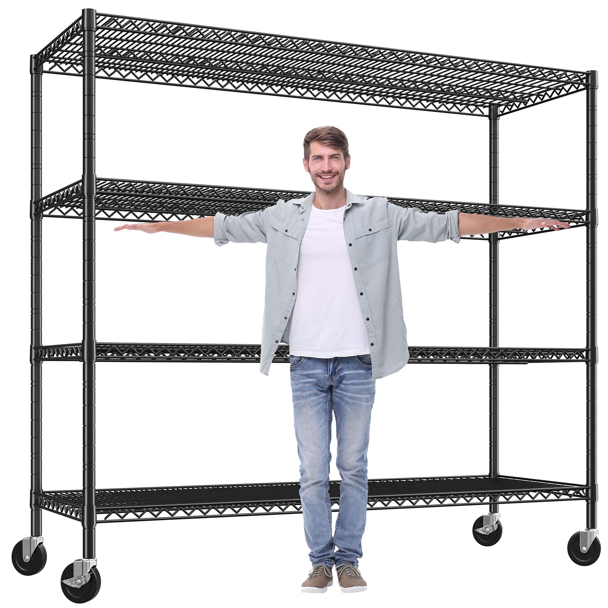 60" W Storage Shelves 2878LBS Metal Shelving Unit with Wheels Heavy Duty Garage Shelving Adjustable Wire Shelves for Pantry,Kitchen,Garage,Basement,Business,Warehouse,School,60”W ×24”D×65.3”H