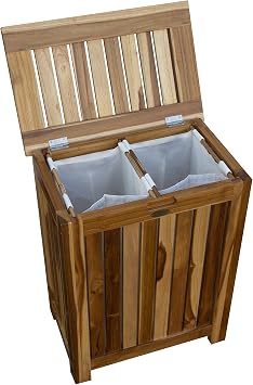 EcoDecors 18x12x16 Solid Teak Double Laundry Hamper, Natural