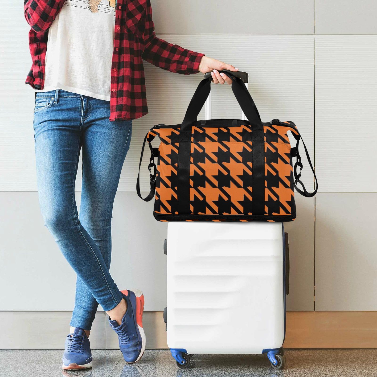 Lot de 2 sacs de voyage motif pied-de-poule orange avec poche humide et sangle réglable pour le yoga pour homme et femme