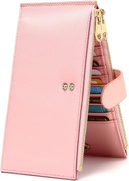 Womens Slim Wallet RFID Blocking Bifold Credit Card Holder Leather Multi Card Organizer with 2 Zipper Pockets