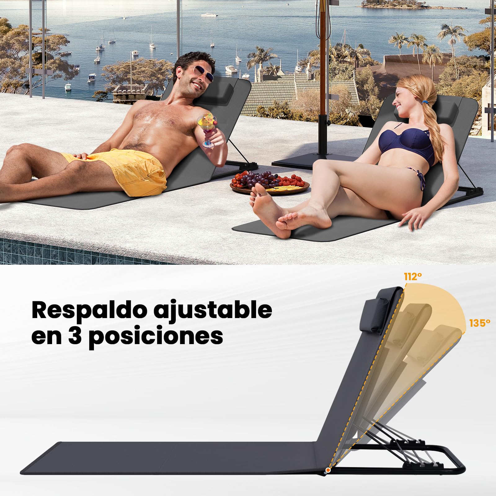 WOLTU Juego de 2 Tumbonas de Playa Plegable, Tumbonas on Respaldo Inclinable en 3 Niveles, con Reposacabezas y Bolsa de Almacenamiento, 48x132x54 cm, Gris Oscuro