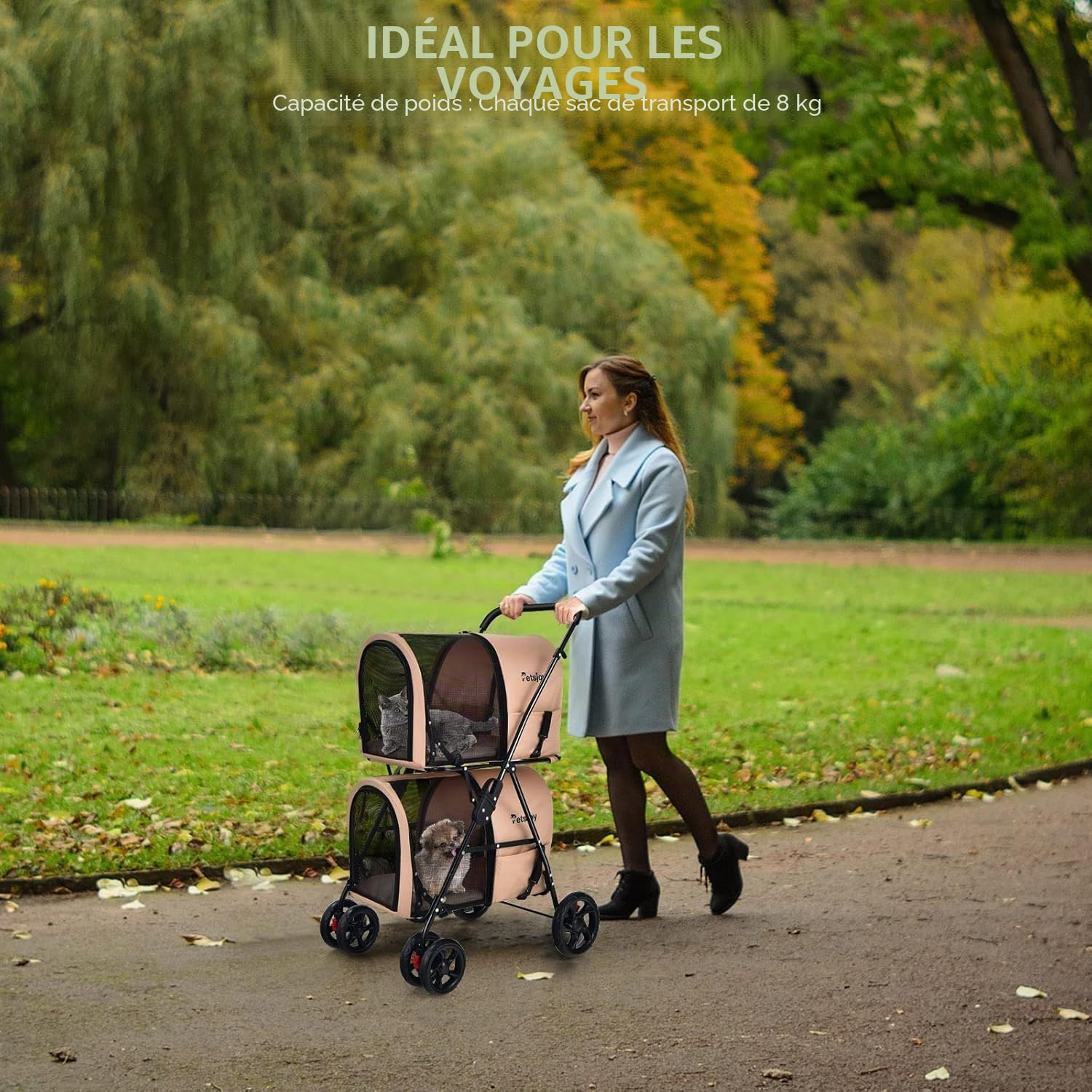 FANTASK Poussette pour chien à 2 étages avec fenêtres en maille et porte-gobelet, poussette pour animaux de compagnie jusqu'à 16 kg, poussette pour chats et petits chiens, poussette pour chien et