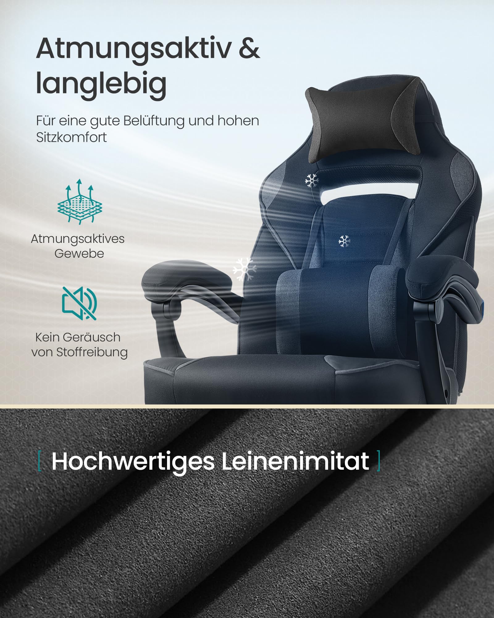 SONGMICS Gaming-Stuhl, Bürostuhl mit Fußstütze, Schreibtischstuhl mit Kopfstütze und Lendenkissen, höhenverstellbar, ergonomisch, bis 150 kg belastbar, tintenschwarz-schiefergrau OBG073BH20