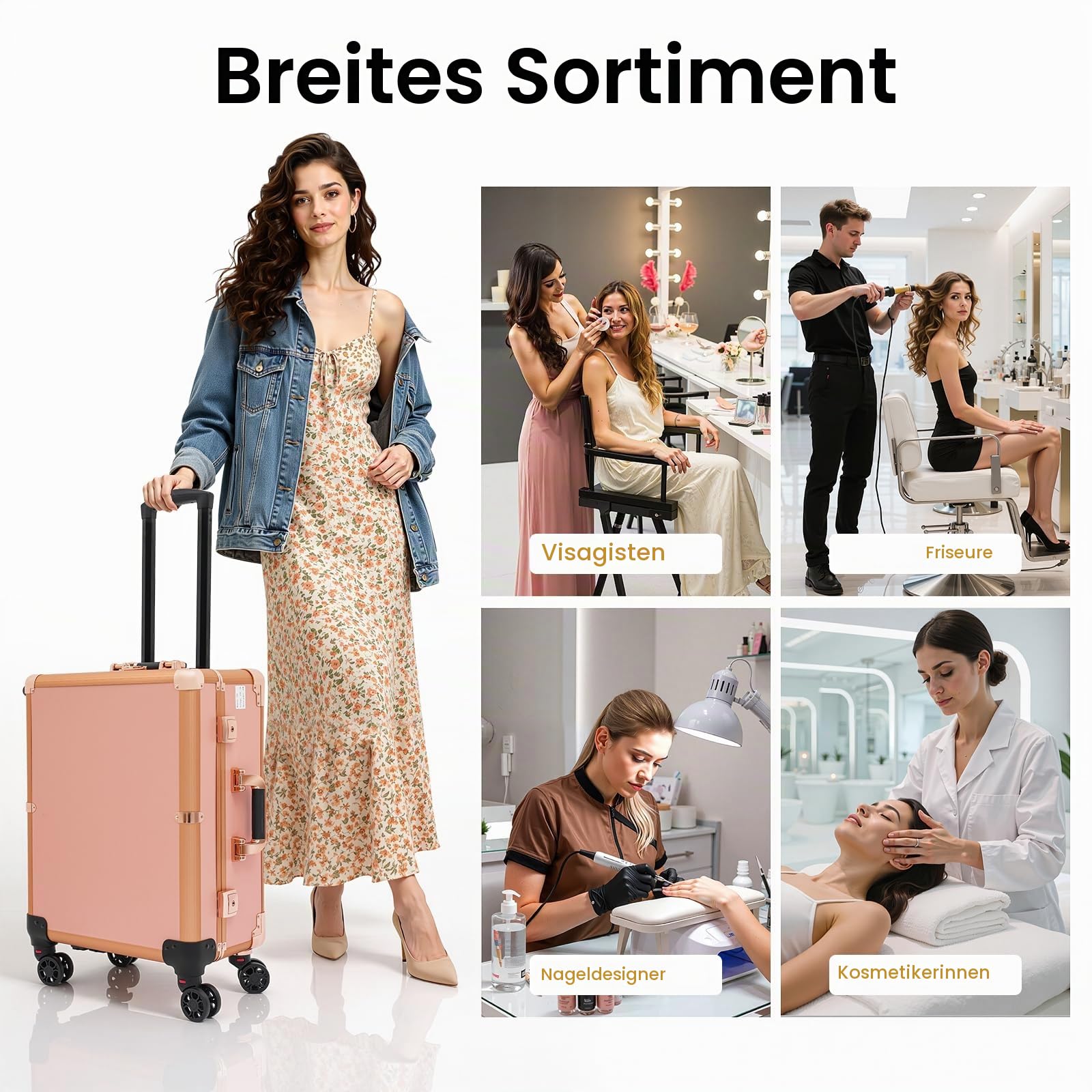 Kosmetikkoffer Trolley Schminkkoffer mit Beleuchtung & Spiegel, Make up Koffer mit verstellbare Beine Profi-Schminkstation mit Rollen Kosmetik Trolley Beauty Case