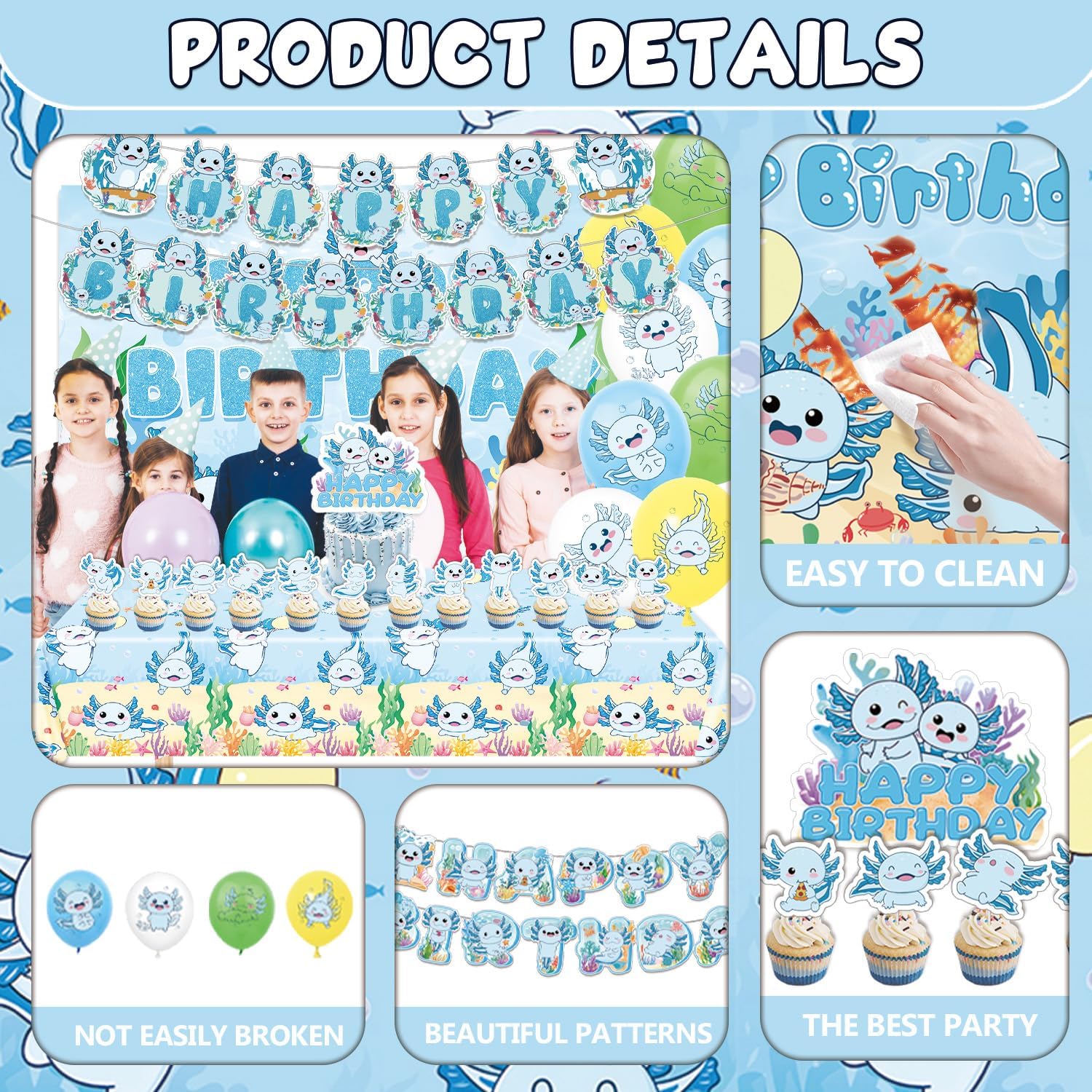 114Pcs Blue Axolotl Birthday Party Supplies Include Banner-Backdrop-Balloons-Cake Topper-Cupcake Toppers-Tableware-Plates-Napkins-Cups-Cutlery-Tablecloth for Blue Axolotl Party Decorations - Image 3