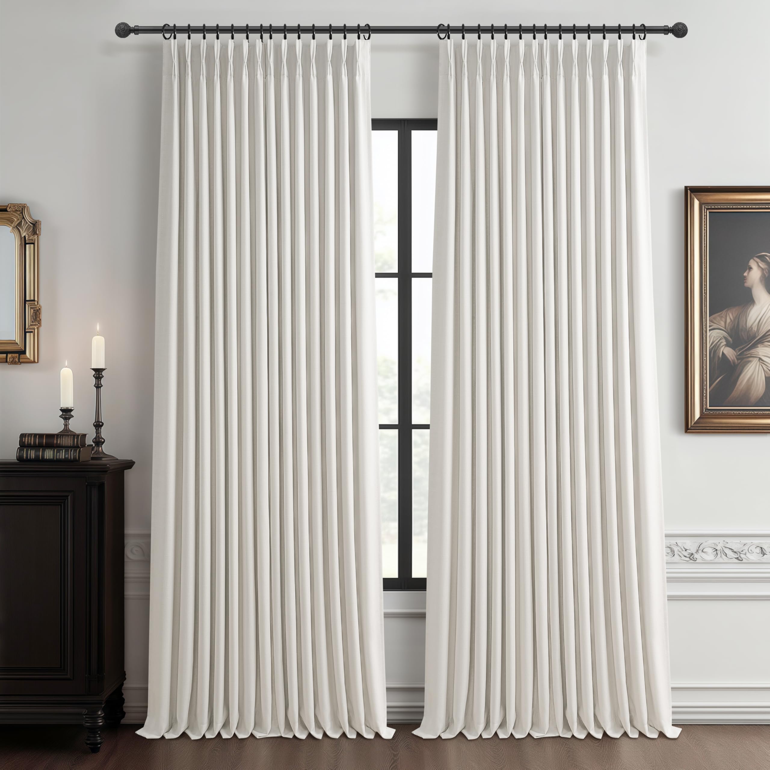 Photo 1 of 70 Inch Extra Wide Pinch Pleated Dual Layer Linen Living Room Curtains 102 Inches Long 2 Panels Set, Memory Trained Beige White Blackout Insulated Curtain with Back Tab Sliding Glass Door Viral Drapes
