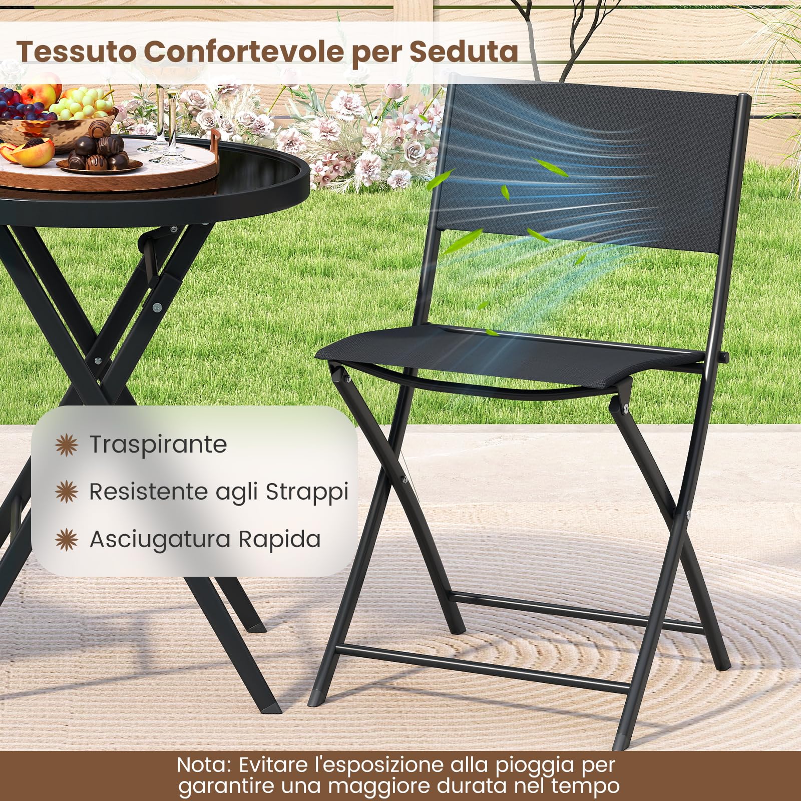 COSTWAY Set Tavolino e Sedie da Giardino Pieghevole, Set Bistro 3 Pezzi, Tavolino con Piano in Vetro Temperato e Metallo, Sedie con Tessuto Textilene Impermeabile, per Balcone, Patio, Piscina