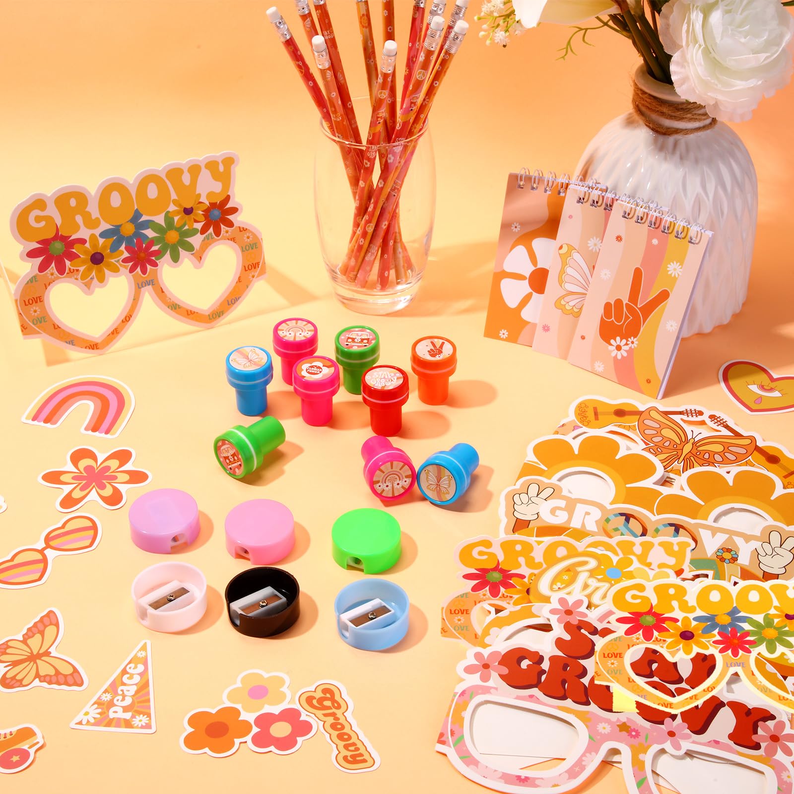 Honoson 122 Pcs Groovy Retro Hippie Party Favors Include Mini Notepads Pencils Badges Sharpeners Paper Glasses Stickers And Plastic Bags For Kids