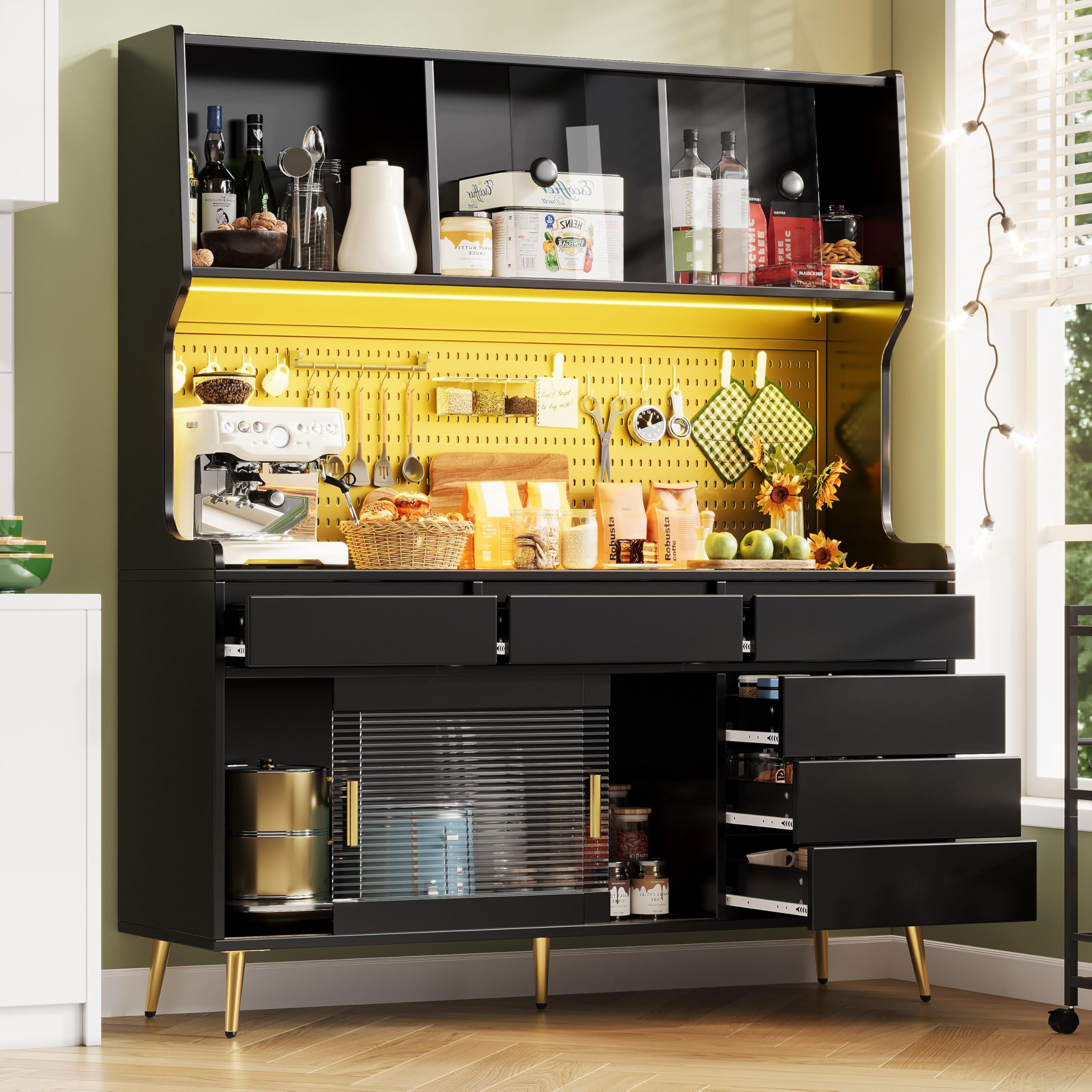 Hochschrank mit LED Beleuchtung & App-Steuerung, Küchenschrank oder Esszimmerschrank mit Schublade,Sideboard mit Aufbewahrungsregal mit Lochwand, 145x39x171cm, Schwarz