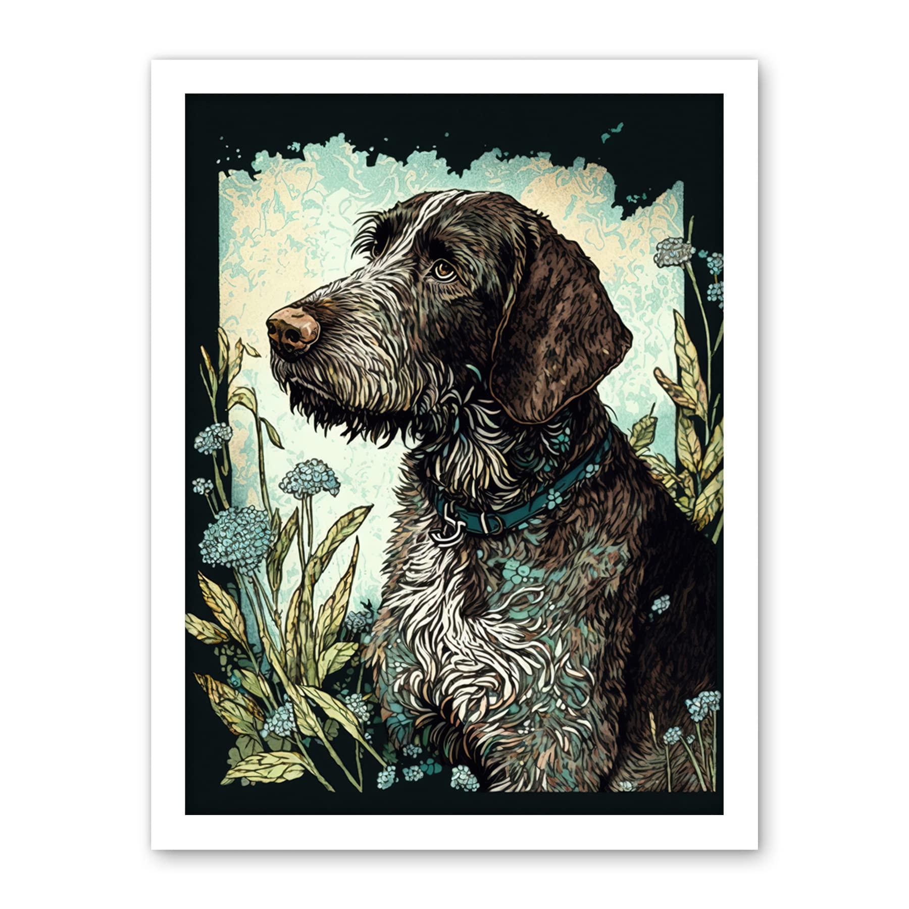 Artery8 German Wirehead Pointer Dog and Blue Wildflowers Modern Portrait Illustration Artwork Framed Wall Art Print 18X24 Inch