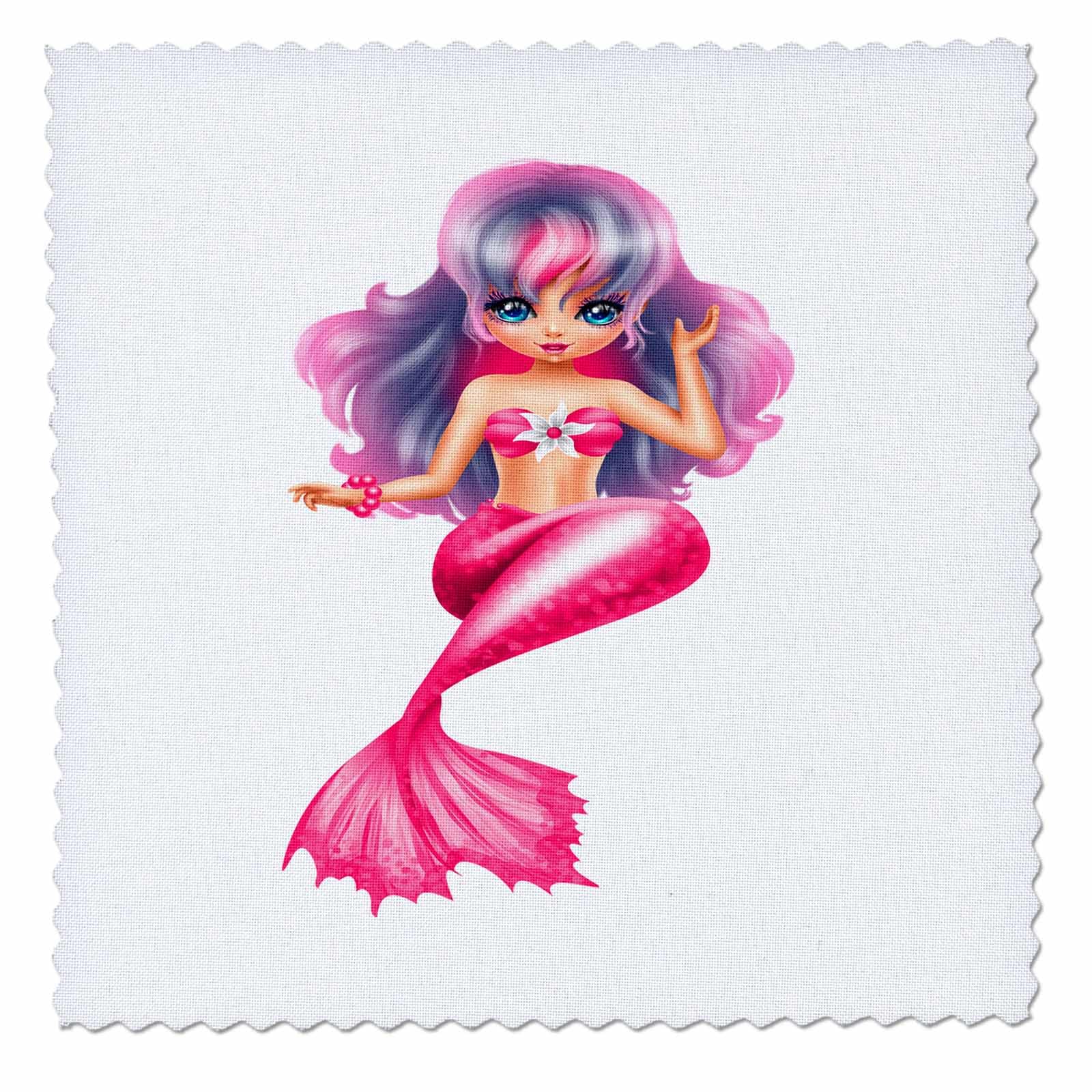 22x22 inch Quilt Square - Glamour Girl Pink and Blue Mermaid Illustration Illustrations