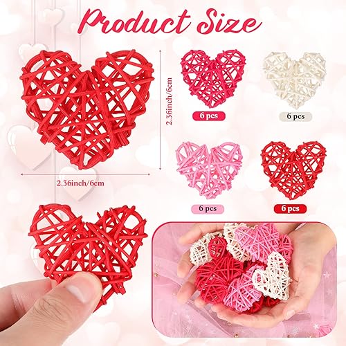 Miniatura 2 de 24 bolas de ratán en forma de corazón de San Valentín de 2.36 pulgadas, relleno de jarrón de corazón, decoración de ratán de mimbre para decoración