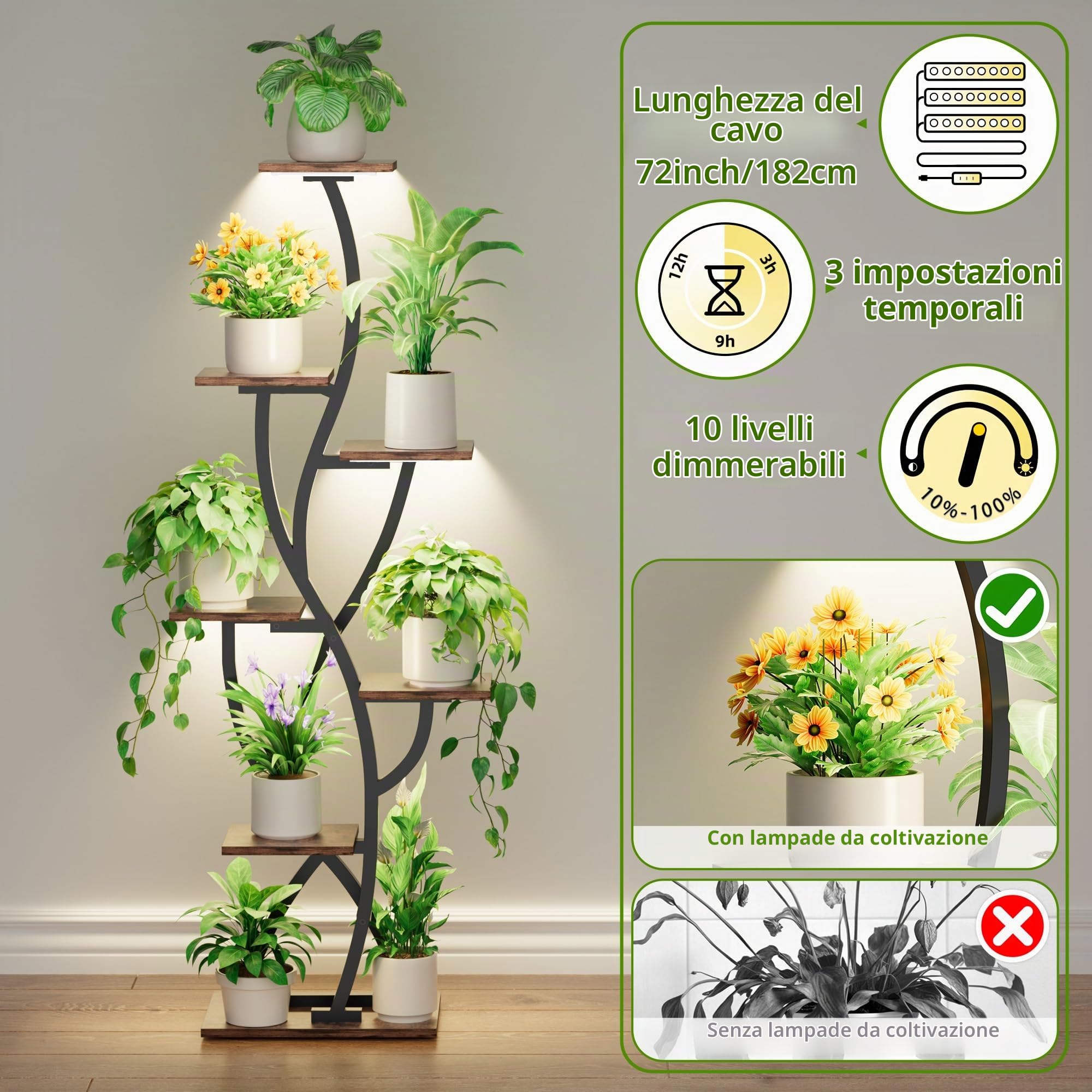 BACEKOLL Supporto per Piante da Interno con Luci di Crescita - Mensola per Piante ad Angolo da 147 cm, Supporto per Piante Alto a 7 Ripiani Illuminato per Piante Multiple da Interno, Supporto per