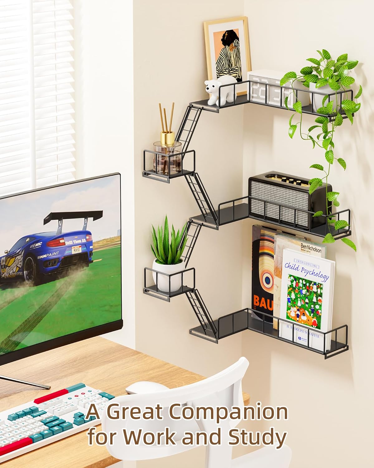 Fire Escape Wall Shelf, Modern City Style Corner Wall Ladder Shelves, Metal Action Figures Display Floating Shelf, New York Decorative Shelf for Bedroom, Living Room & Home Decor (3-Tier)