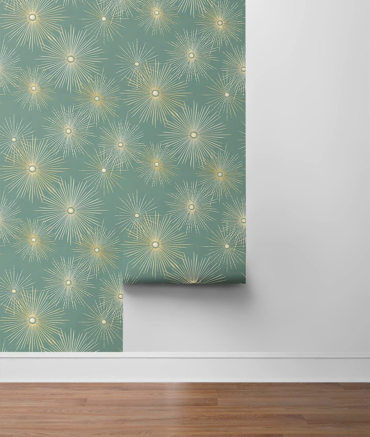 NextWall Star Burst Geo Mid Century Peel and Stick Wallpaper (Teal & Metallic Gold)