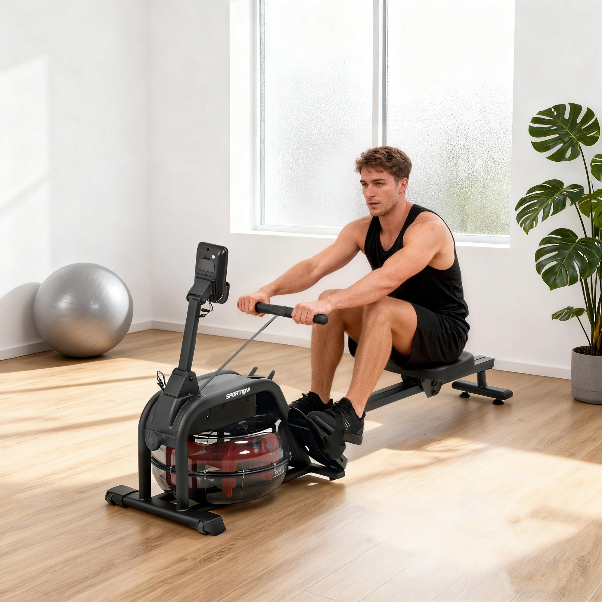 SPORTNOW Vogatore per acqua, vogatore per sollevamento sollevamento pesi, resistenza regolabile, serbatoio 6-11L, schermo LCD, supporto per tablet, seduta larga, deposito verticale, carico max.135 kg