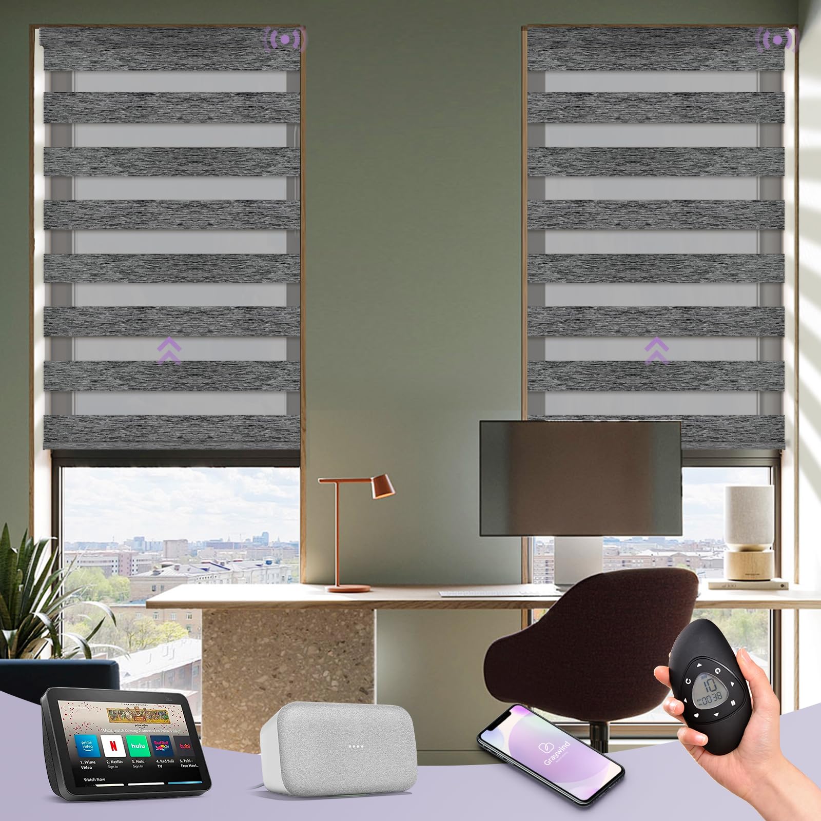 Graywind Motorized Zebra Blinds Compatible with Alexa Google Designed Remote Control Light Filtering Horizontal Roller Blind with Valance for Smart Home Office, Custom Size (Night Fog)