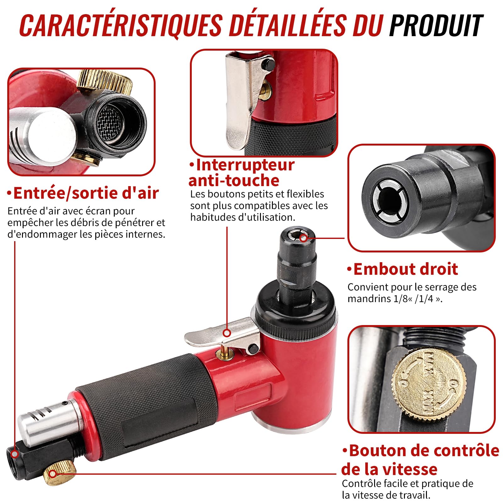 Amoladora de ángulo neumática, kit de amoladora de aire comprimido incluye mini amoladora angular neumática con 17 unidades de 2 pulgadas diferentes discos abrasivos, 2 portabrocas de 3 mm